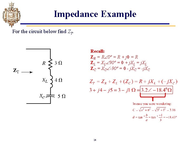 Impedance Example For the circuit below find ZT. Recall: ZR = R 0º =