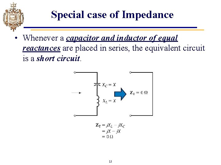Special case of Impedance • Whenever a capacitor and inductor of equal reactances are
