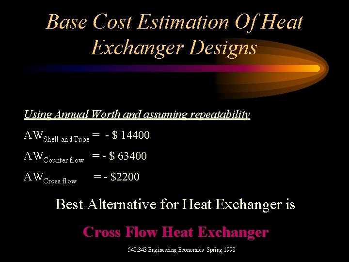 Base Cost Estimation Of Heat Exchanger Designs Using Annual Worth and assuming repeatability AWShell