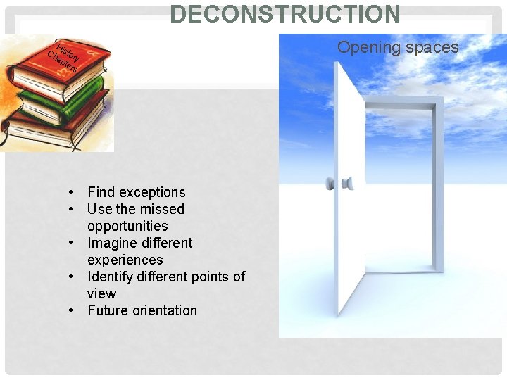 DECONSTRUCTION H Ch istor ap y ter s • Find exceptions • Use the