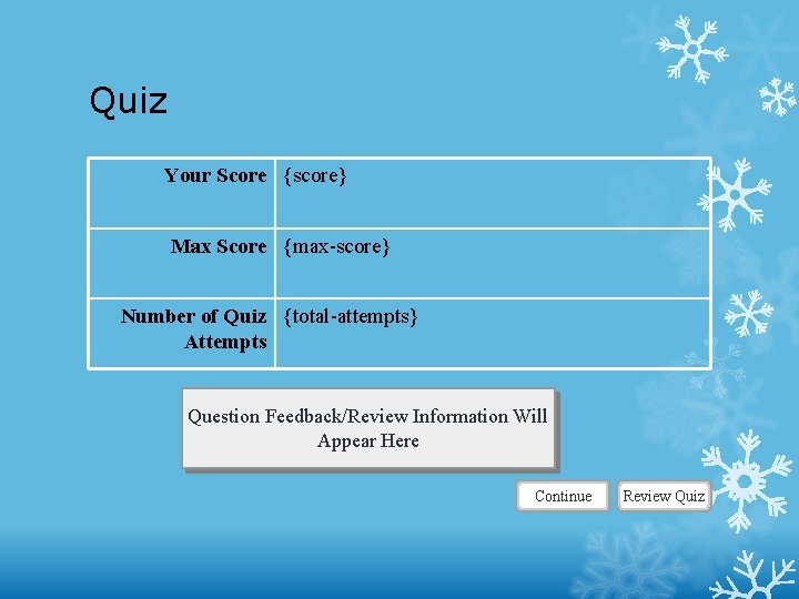 Quiz Your Score {score} Max Score {max-score} Number of Quiz {total-attempts} Attempts Question Feedback/Review