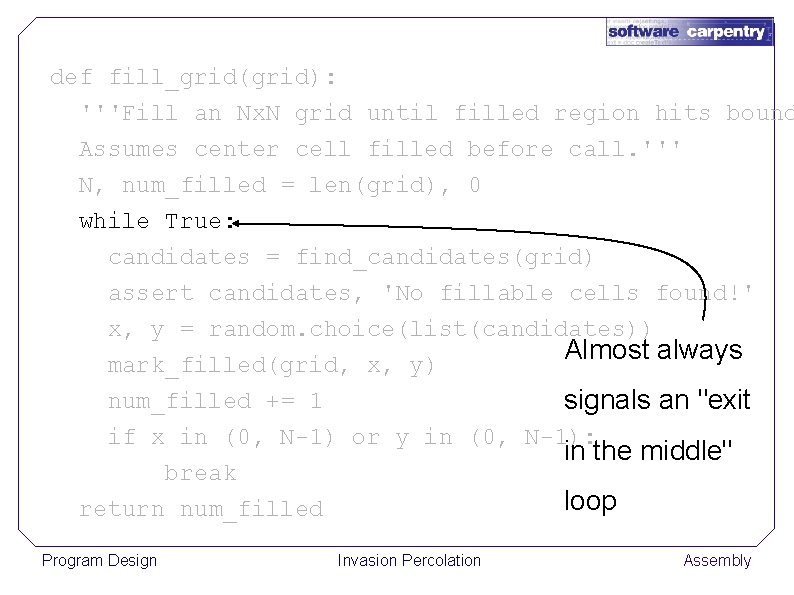 def fill_grid(grid): '''Fill an Nx. N grid until filled region hits bound Assumes center