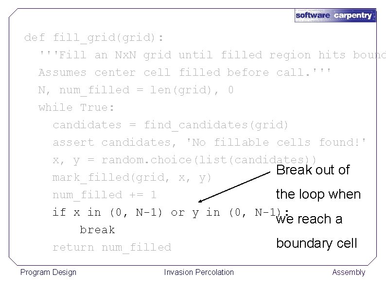 def fill_grid(grid): '''Fill an Nx. N grid until filled region hits bound Assumes center