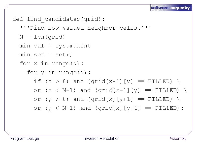 def find_candidates(grid): '''Find low-valued neighbor cells. ''' N = len(grid) min_val = sys. maxint