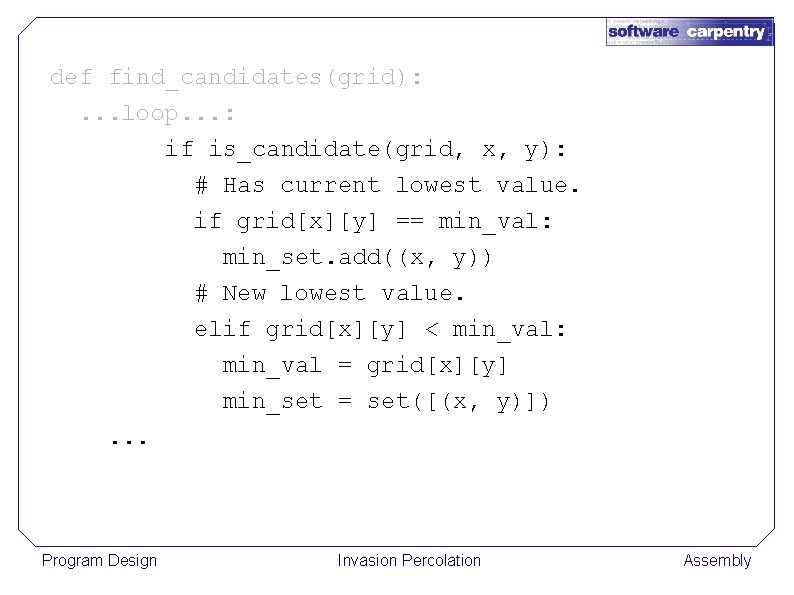 def find_candidates(grid): . . . loop. . . : if is_candidate(grid, x, y): #
