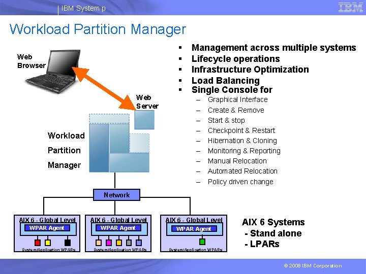 IBM System p Workload Partition Manager Web Browser Web Server Workload Partition Manager §