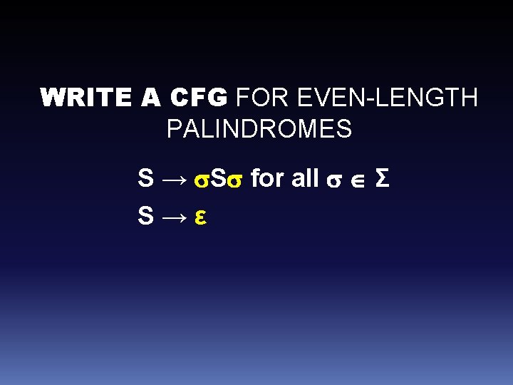 WRITE A CFG FOR EVEN-LENGTH PALINDROMES S → S for all Σ S→ε 