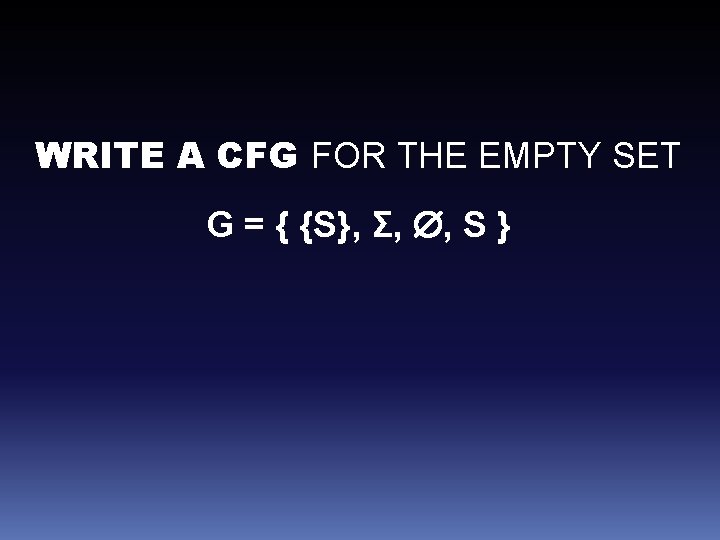 WRITE A CFG FOR THE EMPTY SET G = { {S}, Σ, , S