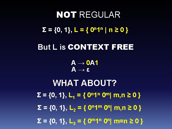 NOT REGULAR Σ = {0, 1}, L = { 0 n 1 n |