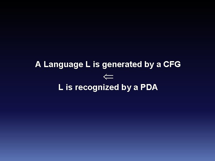 A Language L is generated by a CFG L is recognized by a PDA