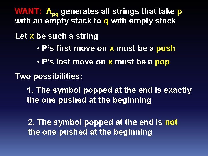 WANT: Apq generates all strings that take p with an empty stack to q