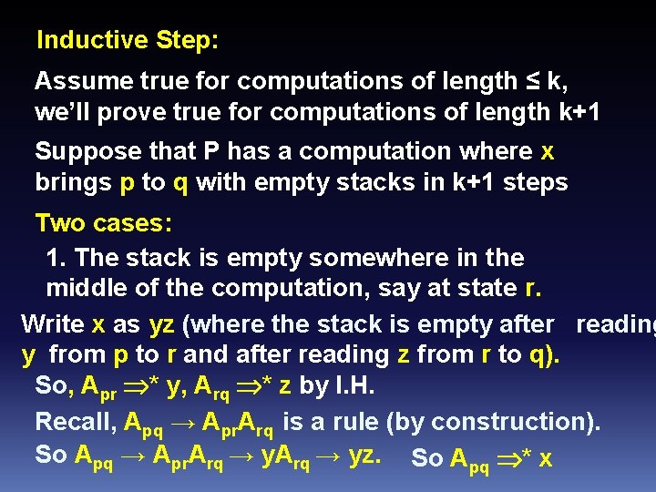 Inductive Step: Assume true for computations of length ≤ k, we’ll prove true for