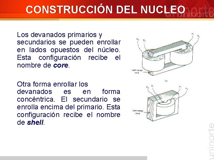 CONSTRUCCIÓN DEL NUCLEO Los devanados primarios y secundarios se pueden enrollar en lados opuestos