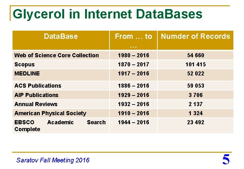 Glycerol in Internet Data. Bases Data. Base From … to … Numder of Records