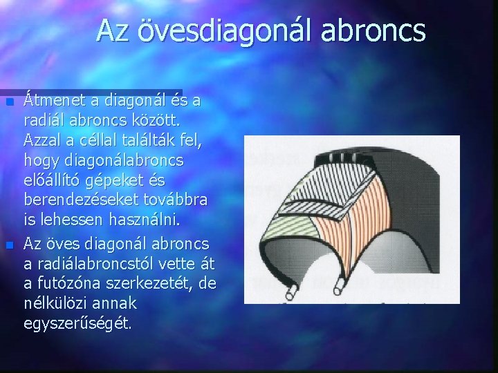 Az övesdiagonál abroncs n n Átmenet a diagonál és a radiál abroncs között. Azzal Az övesdiagonál abroncs n n Átmenet a diagonál és a radiál abroncs között. Azzal