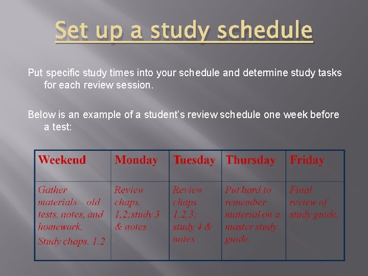 Set up a study schedule Put specific study times into your schedule and determine