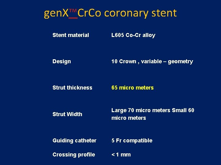 gen. X™Cr. Co coronary stent Stent material L 605 Co-Cr alloy Design 10 Crown gen. X™Cr. Co coronary stent Stent material L 605 Co-Cr alloy Design 10 Crown