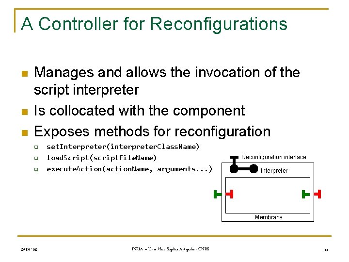 A Controller for Reconfigurations n n n Manages and allows the invocation of the