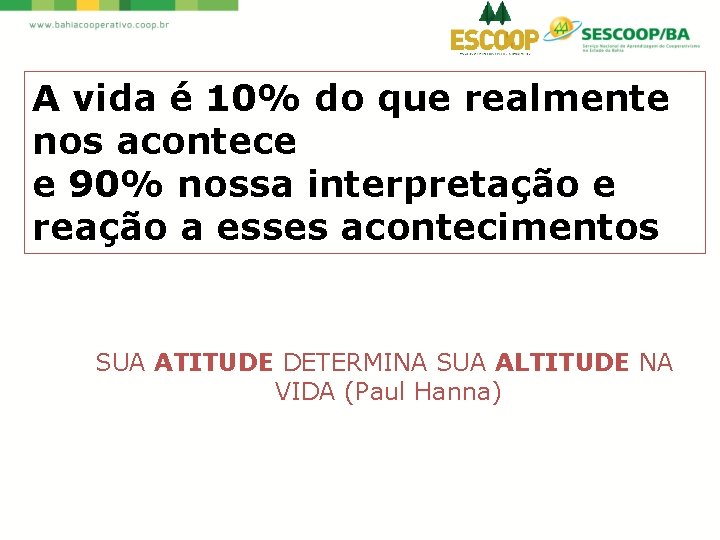 A vida é 10% do que realmente nos acontece e 90% nossa interpretação e