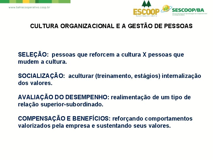 CULTURA ORGANIZACIONAL E A GESTÃO DE PESSOAS SELEÇÃO: pessoas que reforcem a cultura X