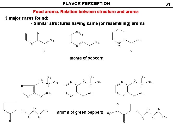 FLAVOR PERCEPTION Food aroma. Relation between structure and aroma 3 major cases found: -