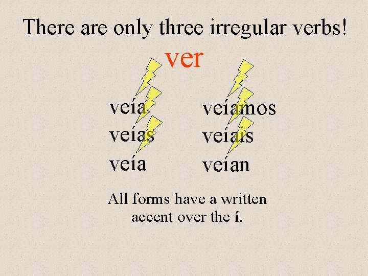 There are only three irregular verbs! ver veías veíamos veíais veían All forms have