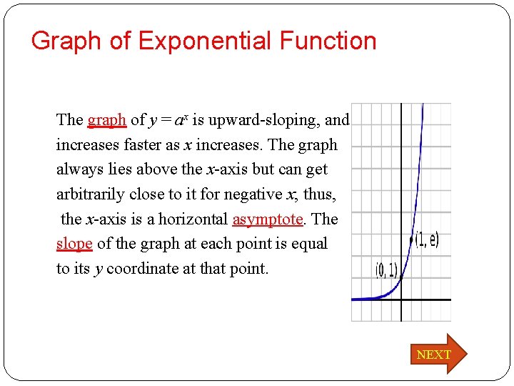 Graph of Exponential Function The graph of y = ax is upward-sloping, and increases