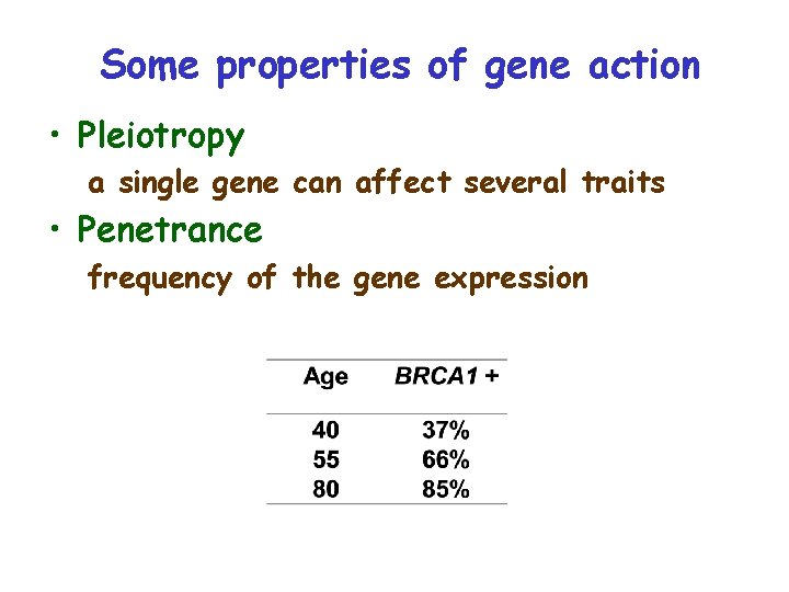 Some properties of gene action • Pleiotropy a single gene can affect several traits