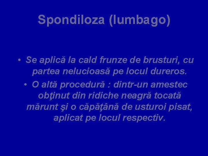 Spondiloza (lumbago) • Se aplică la cald frunze de brusturi, cu partea nelucioasă pe