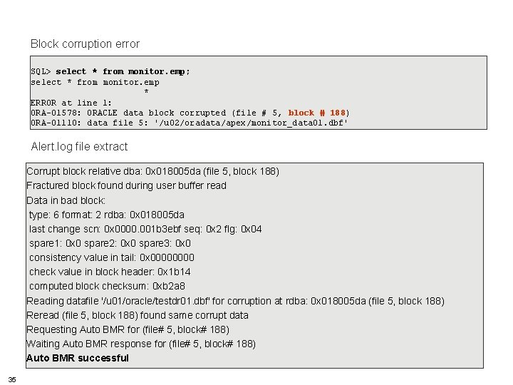 HSBC TECHNOLOGY AND SERVICES Block corruption error SQL> select * from monitor. emp; select