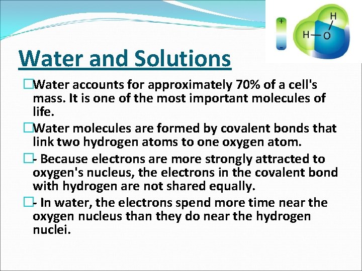 Water and Solutions �Water accounts for approximately 70% of a cell's mass. It is