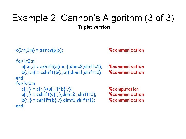 Example 2: Cannon’s Algorithm (3 of 3) Triplet version c{1: n, 1: n} =