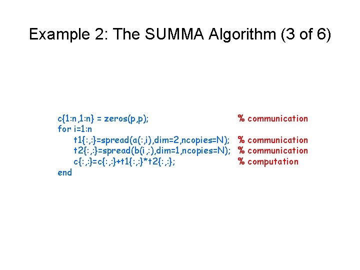 Example 2: The SUMMA Algorithm (3 of 6) c{1: n, 1: n} = zeros(p,