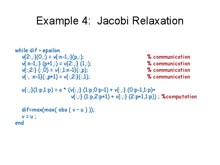 Example 4: Jacobi Relaxation while dif > epsilon v{2: , : }(0, : )