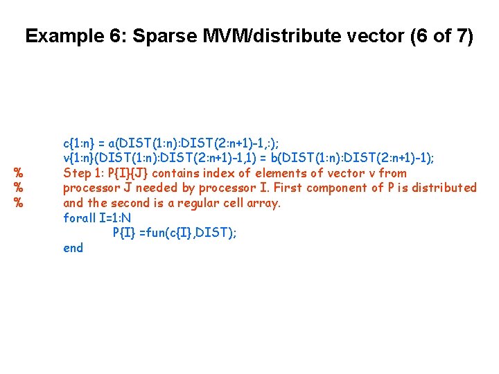 Example 6: Sparse MVM/distribute vector (6 of 7) % % % c{1: n} =