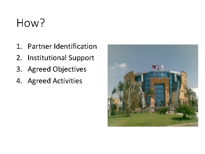 How? 1. 2. 3. 4. Partner Identification Institutional Support Agreed Objectives Agreed Activities 