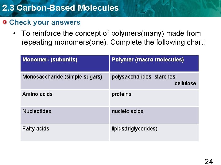 2. 3 Carbon-Based Molecules Check your answers • To reinforce the concept of polymers(many)