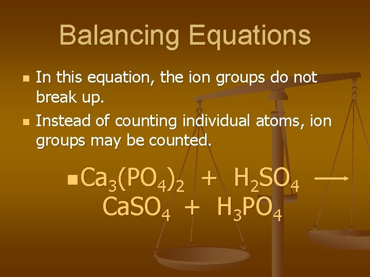 Balancing Equations n n In this equation, the ion groups do not break up.