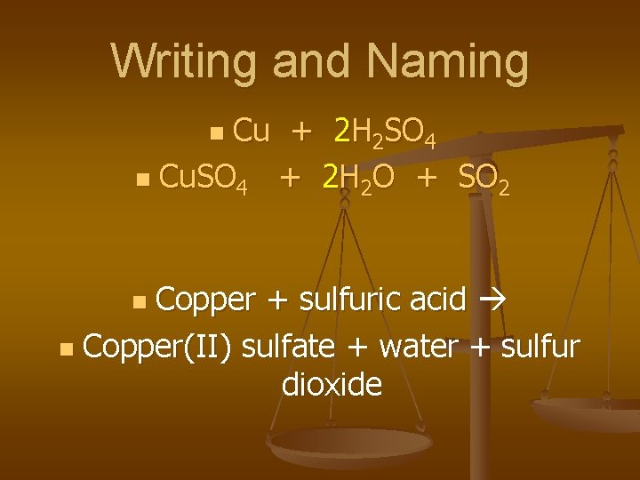 Writing and Naming Cu + 2 H 2 SO 4 n Cu. SO 4