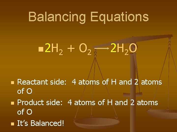 Balancing Equations n 2 H 2 n n n + O 2 2 H