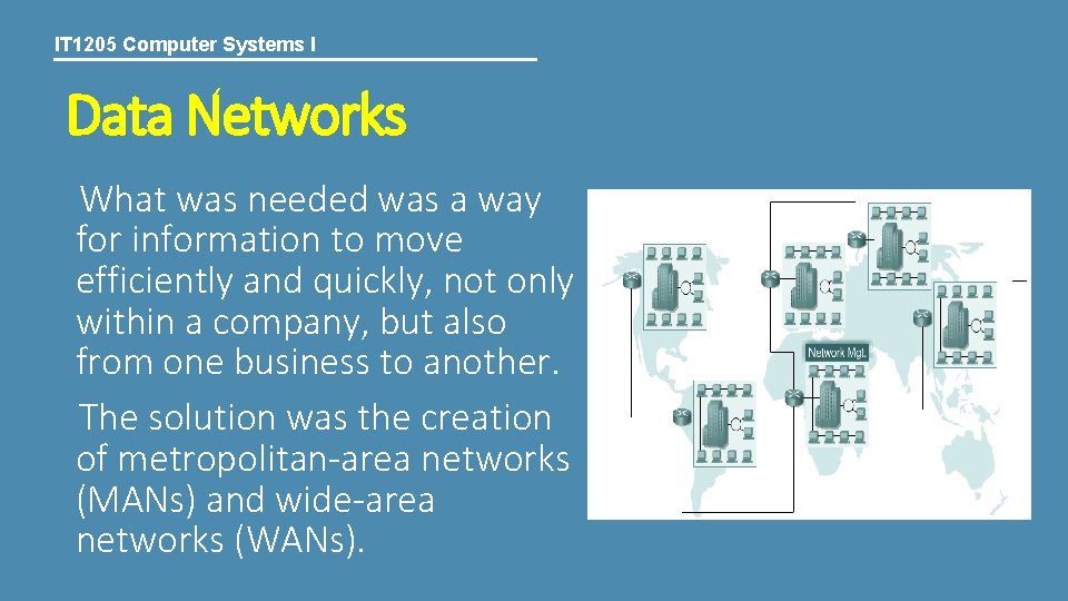 IT 1205 Computer Systems I Data Networks What was needed was a way for