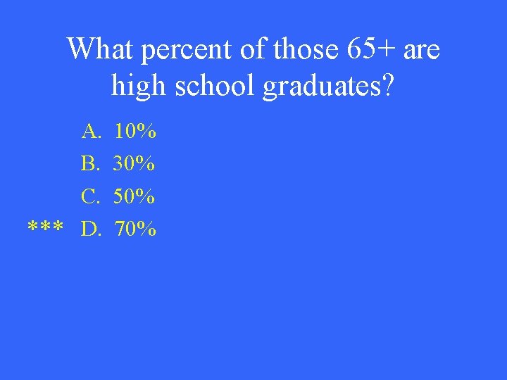 What percent of those 65+ are high school graduates? A. B. C. *** D.