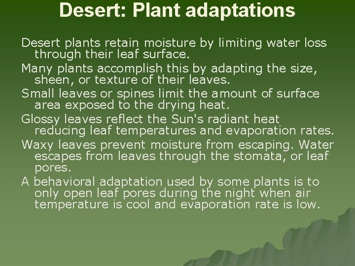 Desert: Plant adaptations Desert plants retain moisture by limiting water loss through their leaf