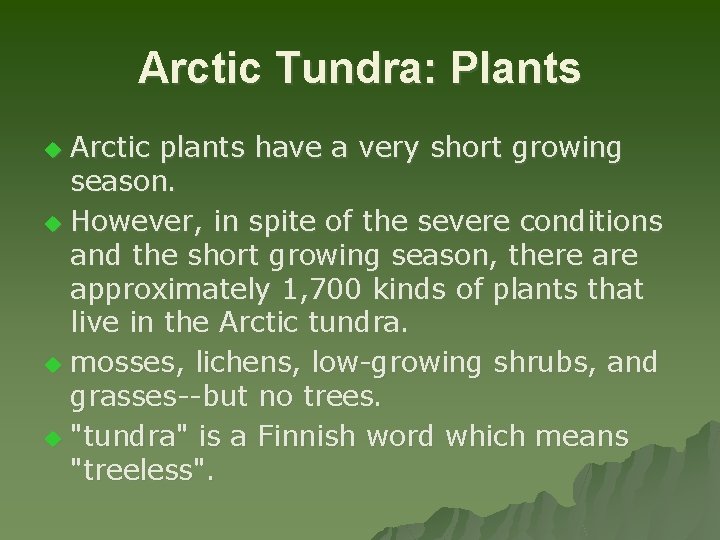 Arctic Tundra: Plants Arctic plants have a very short growing season. u However, in