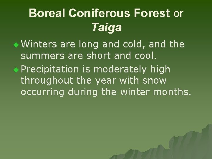 Boreal Coniferous Forest or Taiga u Winters are long and cold, and the summers