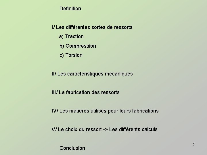 Définition I/ Les différentes sortes de ressorts a) Traction b) Compression c) Torsion II/