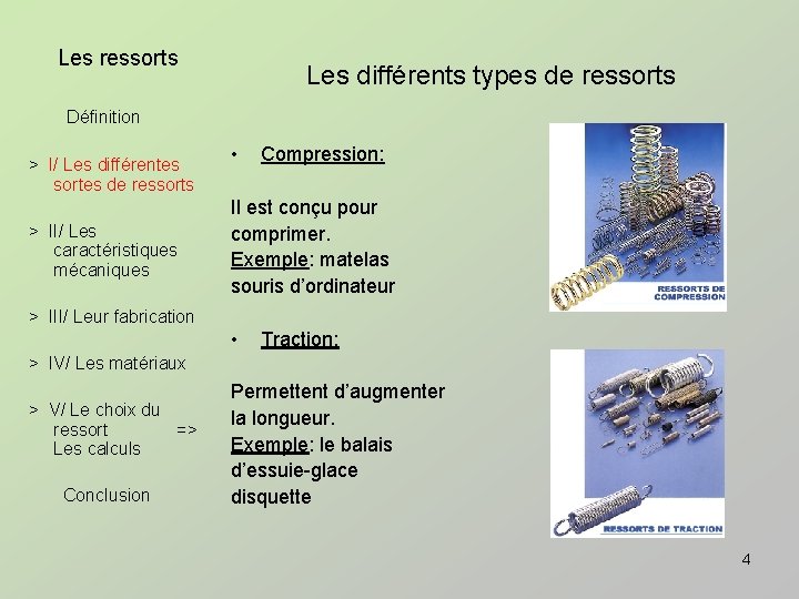 Les ressorts Les différents types de ressorts Définition > I/ Les différentes sortes de