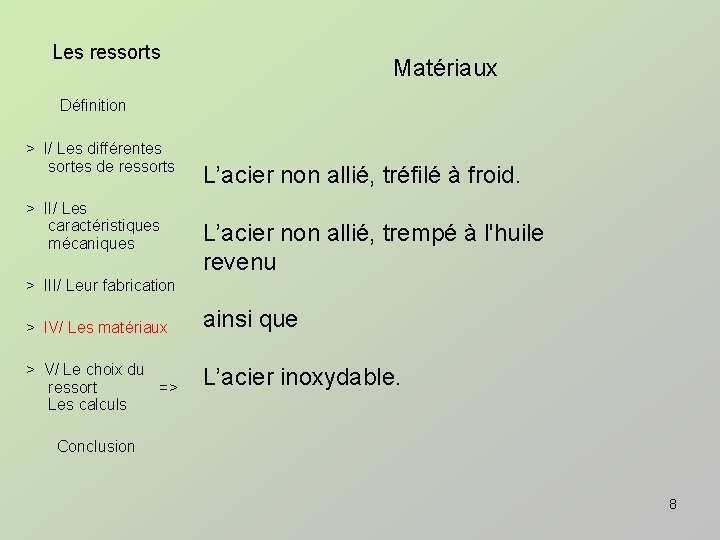 Les ressorts Matériaux Définition > I/ Les différentes sortes de ressorts > II/ Les