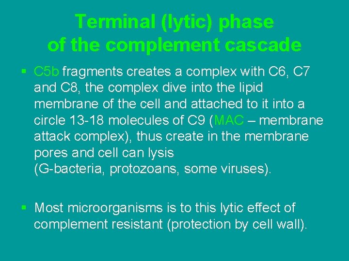 Terminal (lytic) phase of the complement cascade § C 5 b fragments creates a