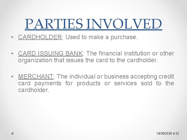 PARTIES INVOLVED • CARDHOLDER: Used to make a purchase. • CARD ISSUING BANK: The